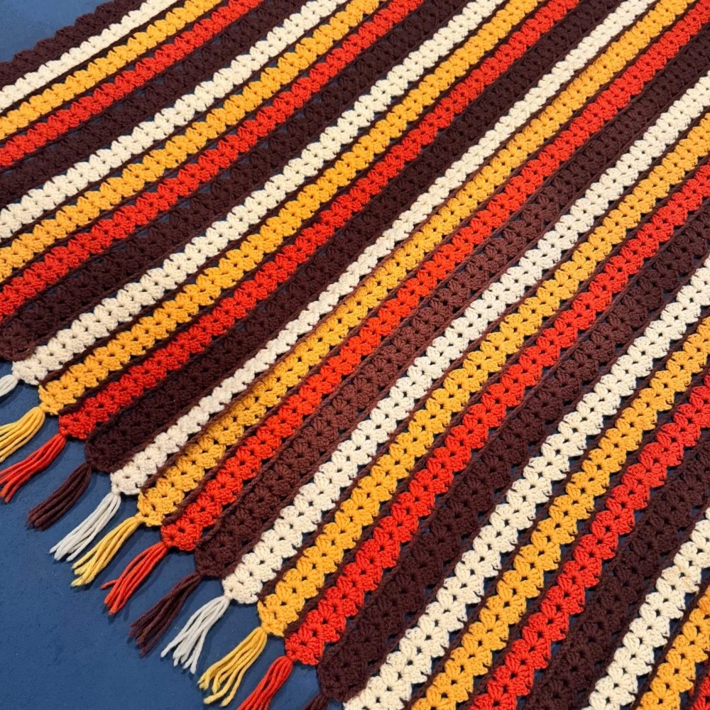 Vintage Handmade Vertical Striped Crochet Throw Blanket Retro‎ Tassels Flawed